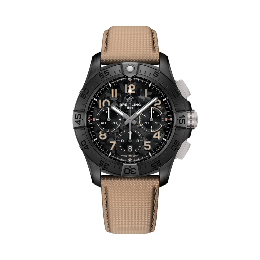 Breitling Avenger B01 Chronograph 42 Night Mission Uomo Automatico 42 mm Ceramica Nera Quadrante Nero Calibro B01 COSC Pelle Sabbia 300 m Ref. SB0146101B1X1