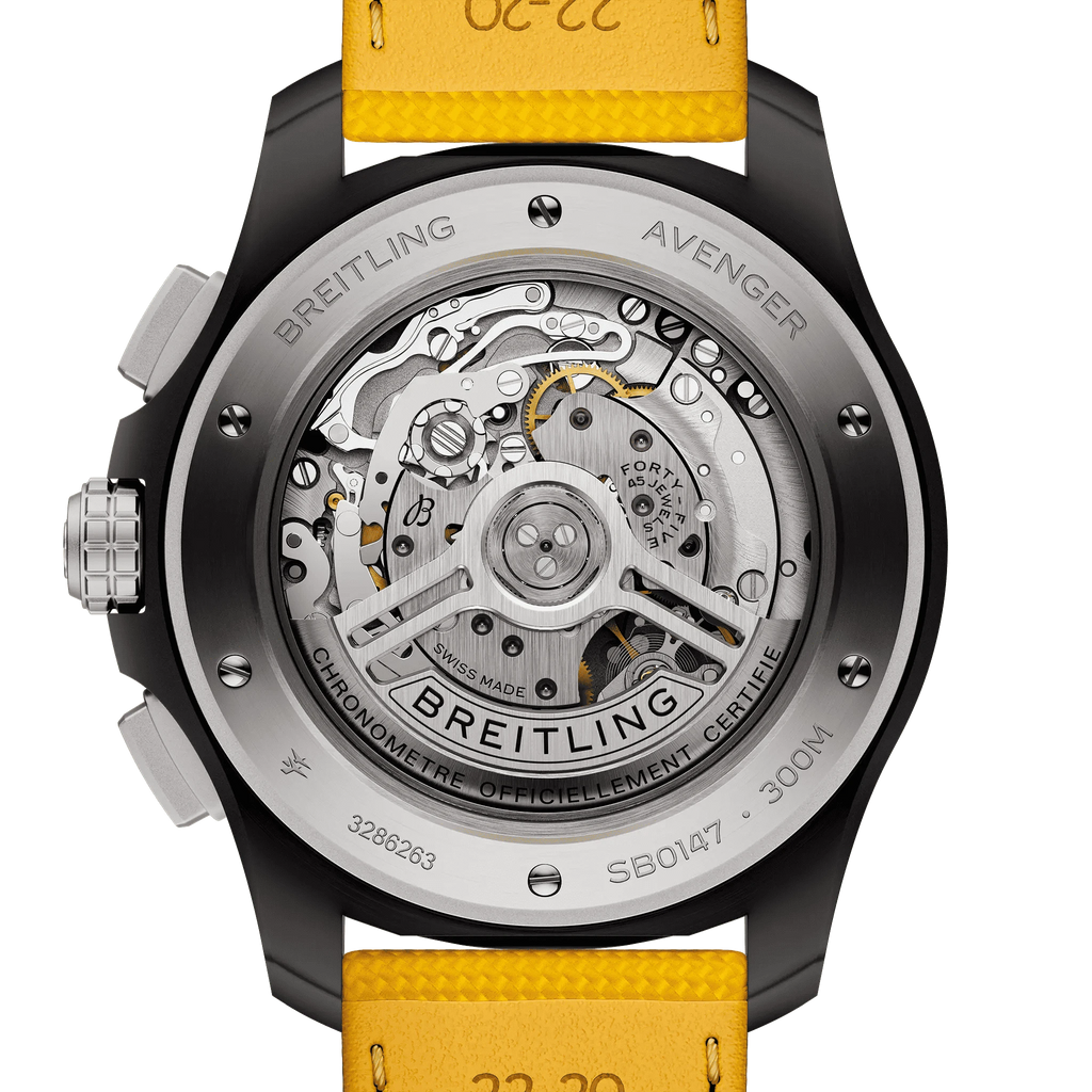 Orologio cronografo da uomo, fondello a vista con movimento e cinturino giallo