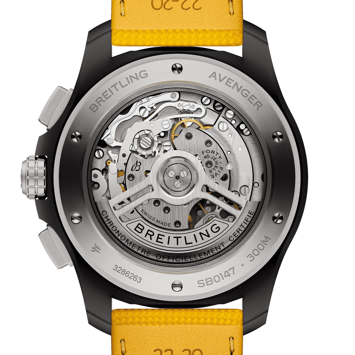 Orologio cronografo da uomo, fondello a vista con movimento e cinturino giallo