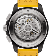 Orologio cronografo da uomo, fondello a vista con movimento e cinturino giallo