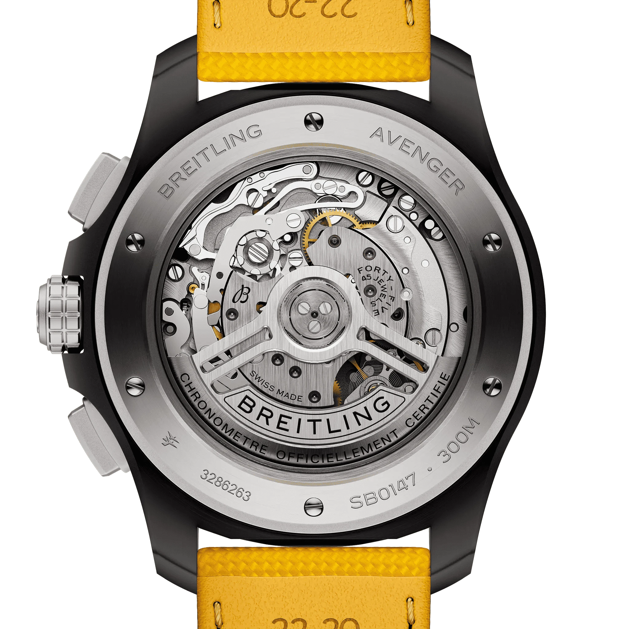 Orologio cronografo da uomo, fondello a vista con movimento e cinturino giallo