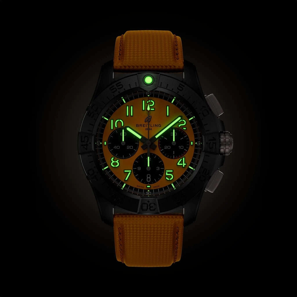Orologio cronografo da uomo con quadrante giallo acceso, cinturino in pelle gialla