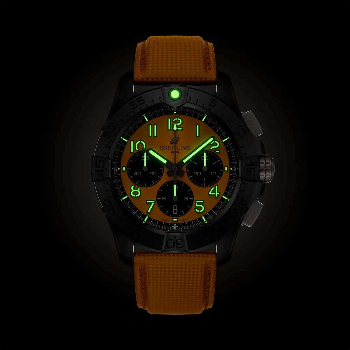 Orologio cronografo da uomo con quadrante giallo acceso, cinturino in pelle gialla