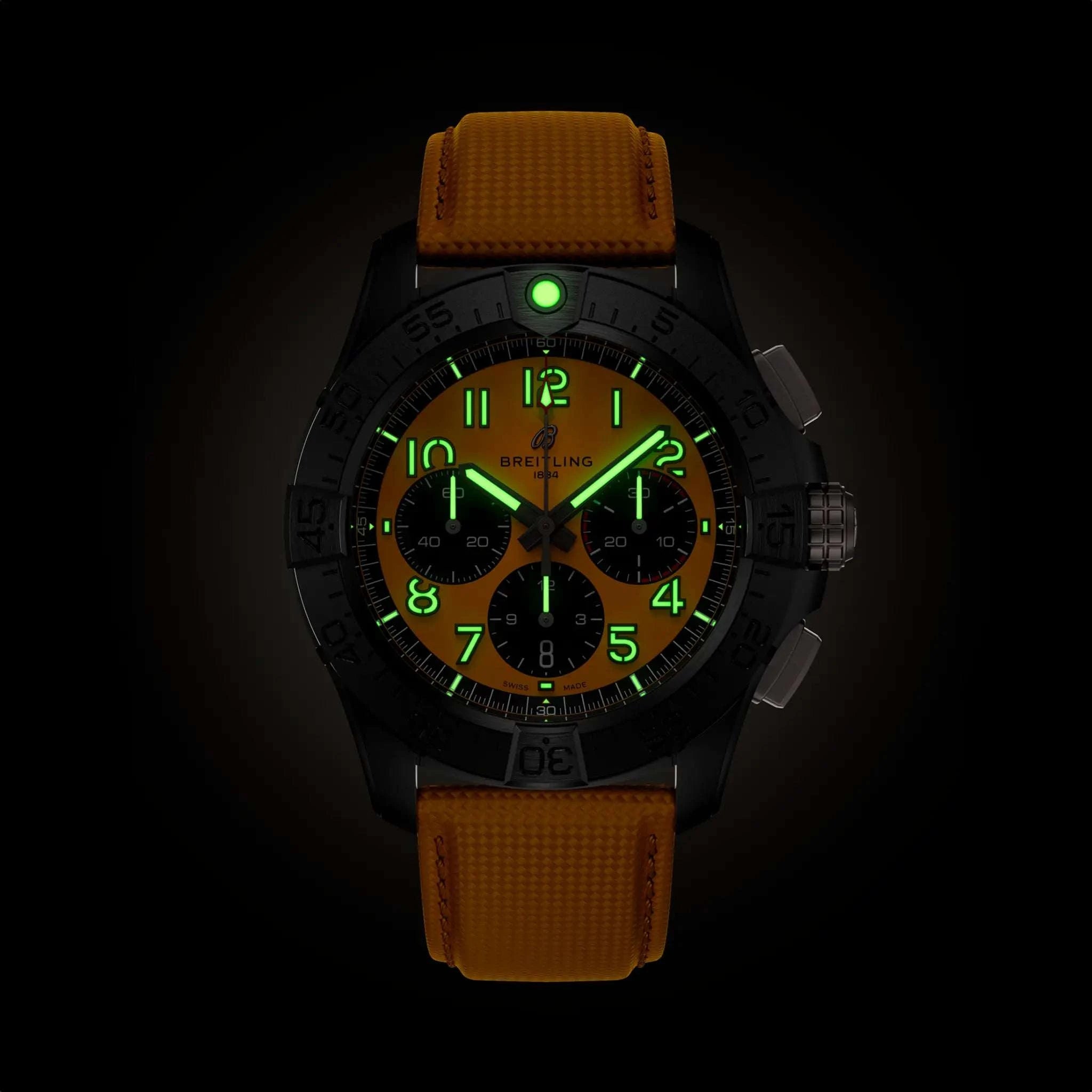 Orologio cronografo da uomo con quadrante giallo acceso, cinturino in pelle gialla