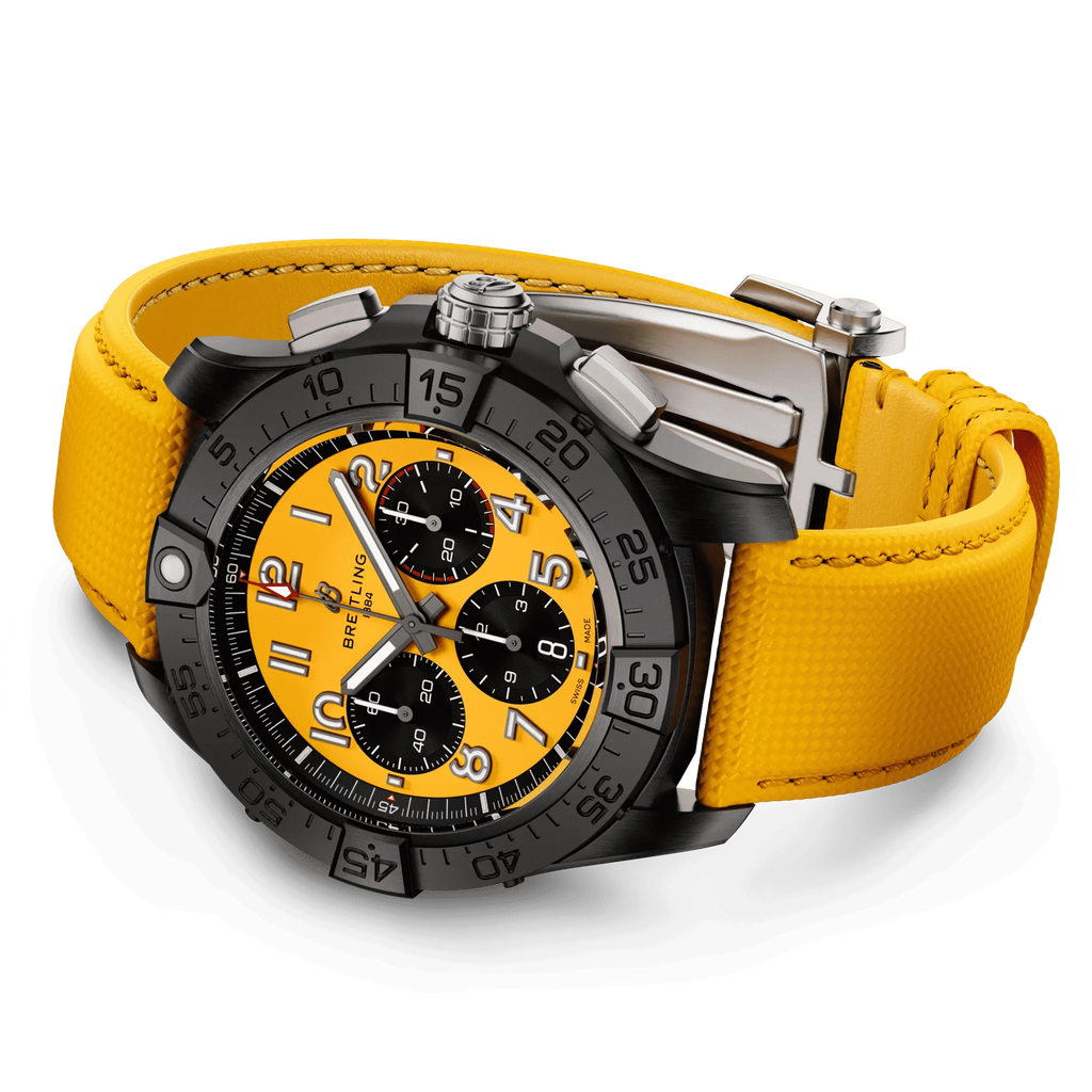 Orologio cronografo da uomo con cinturino in pelle gialla e cassa nera con quadrante