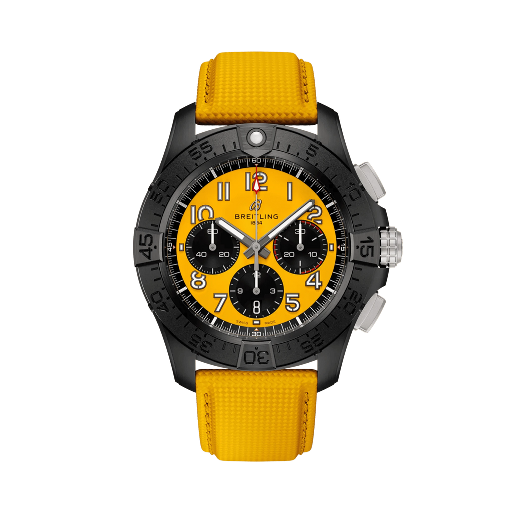 Orologio cronografo da uomo con cassa nera e quadrante giallo, cinturino in pelle