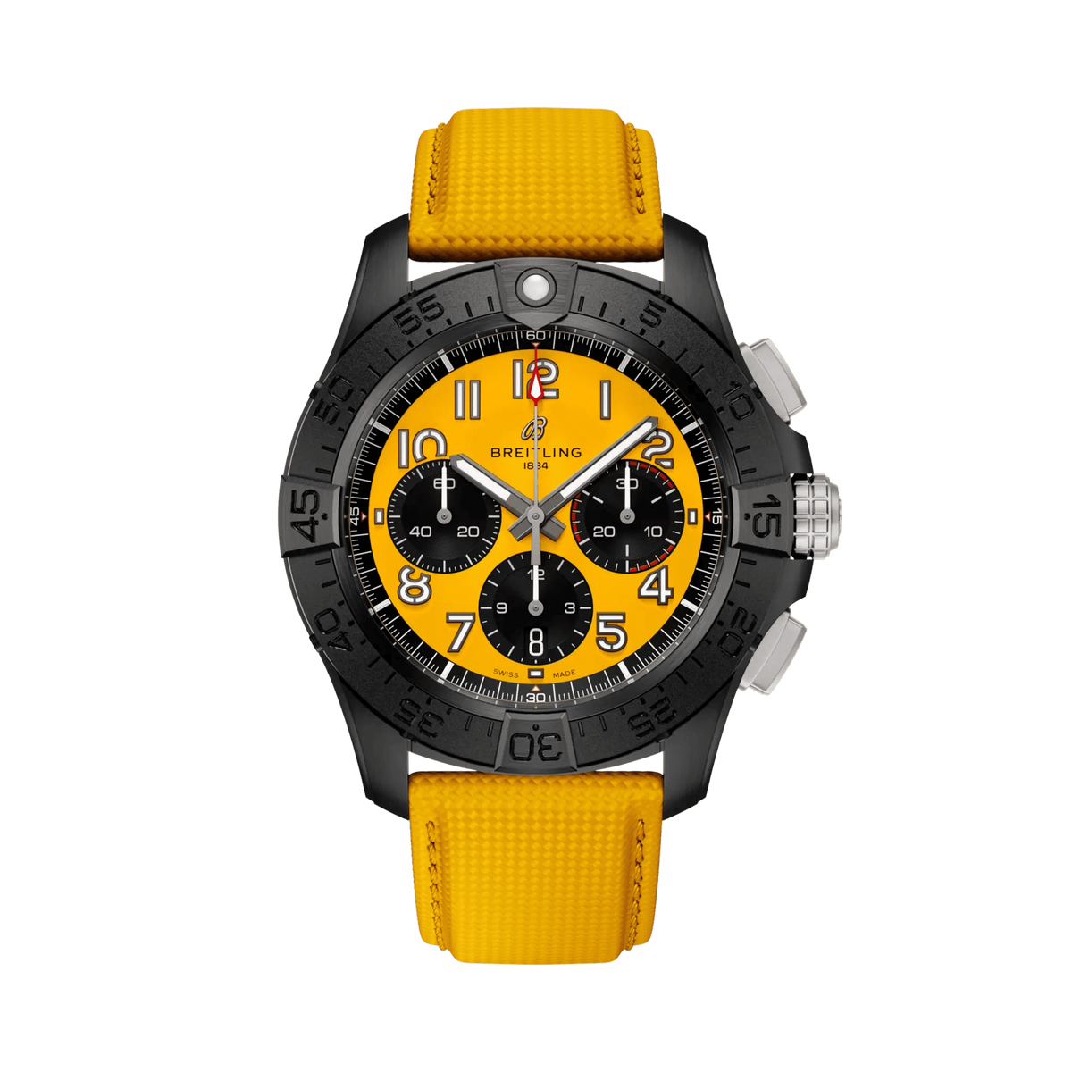 Orologio cronografo da uomo con cassa nera e quadrante giallo, cinturino in pelle