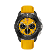 Orologio cronografo da uomo con cassa nera e quadrante giallo, cinturino in pelle