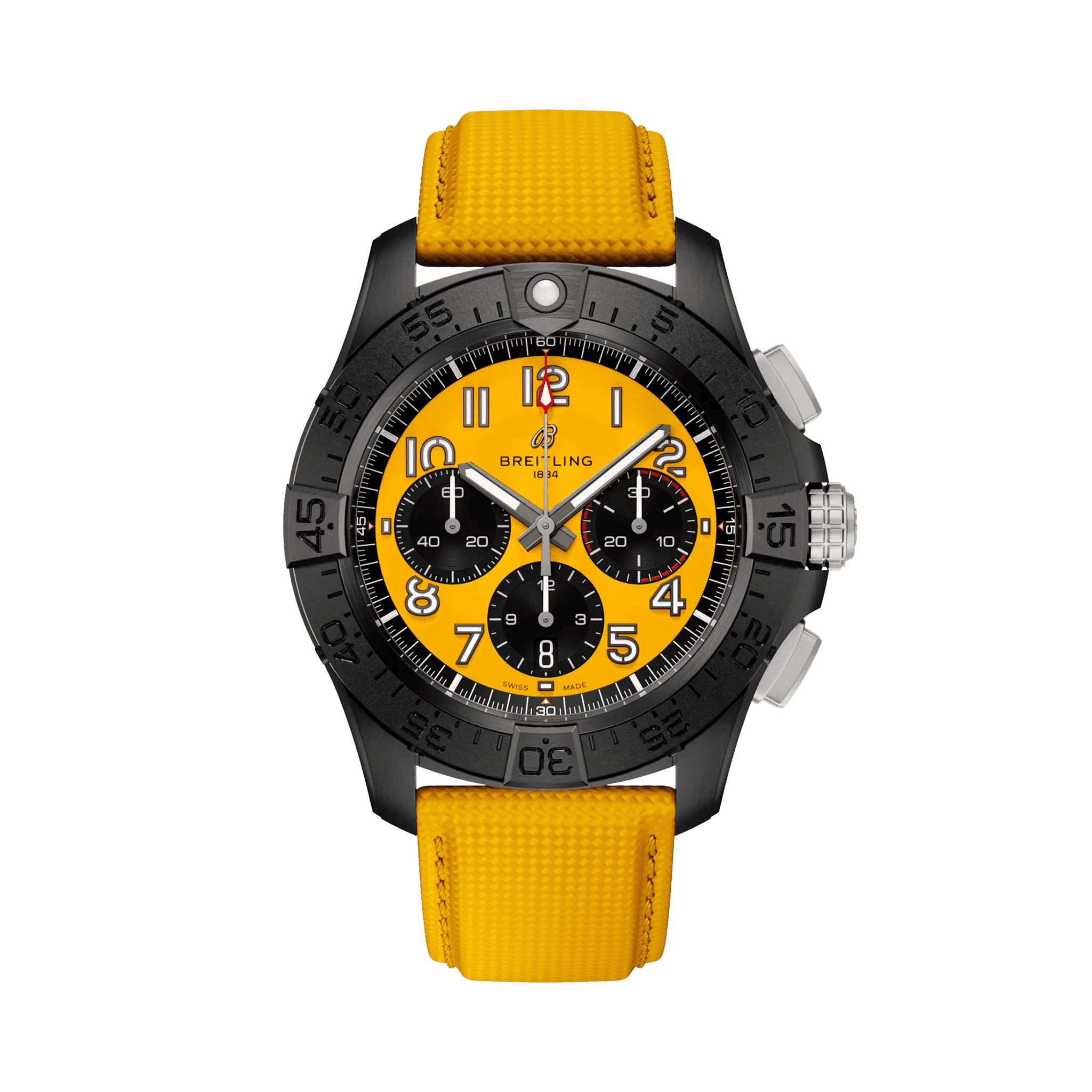Orologio cronografo da uomo con cassa nera e quadrante giallo, cinturino in pelle