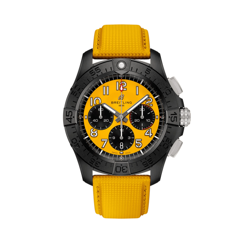 Orologio cronografo da uomo con cassa nera e quadrante giallo, cinturino in pelle