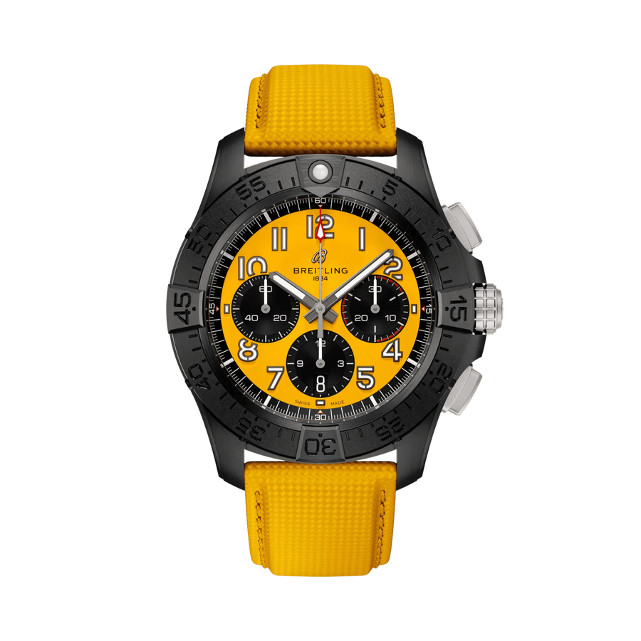 Breitling Avenger B01 Chronograph 44 Night Mission Uomo Swiss Made 44 mm Cassa Ceramica Nera Quadrante Giallo Automatico Calibro B01 COSC Cronografo Vetro Zaffiro Cinturino Pelle Giallo Fibbia Titanio 300m Ref. SB0147101I1X1