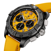 Orologio cronografo da uomo con quadrante giallo e tre contatori neri, cassa nera
