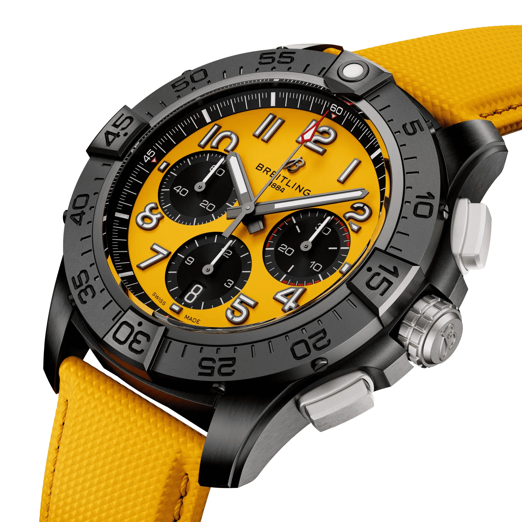 Orologio cronografo da uomo con quadrante giallo e tre contatori neri, cassa nera