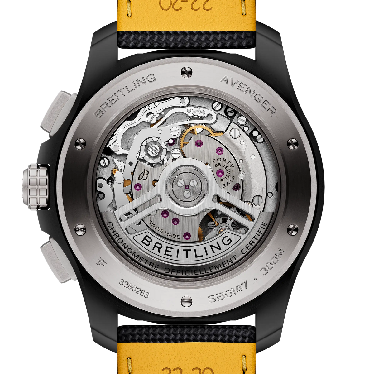 Orologio Breitling, fondello a vista con incisioni e scritta, pelle nera e gialla