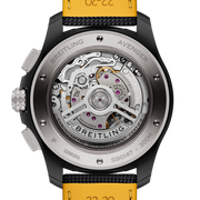 Orologio Breitling, fondello a vista con incisioni e scritta, pelle nera e gialla