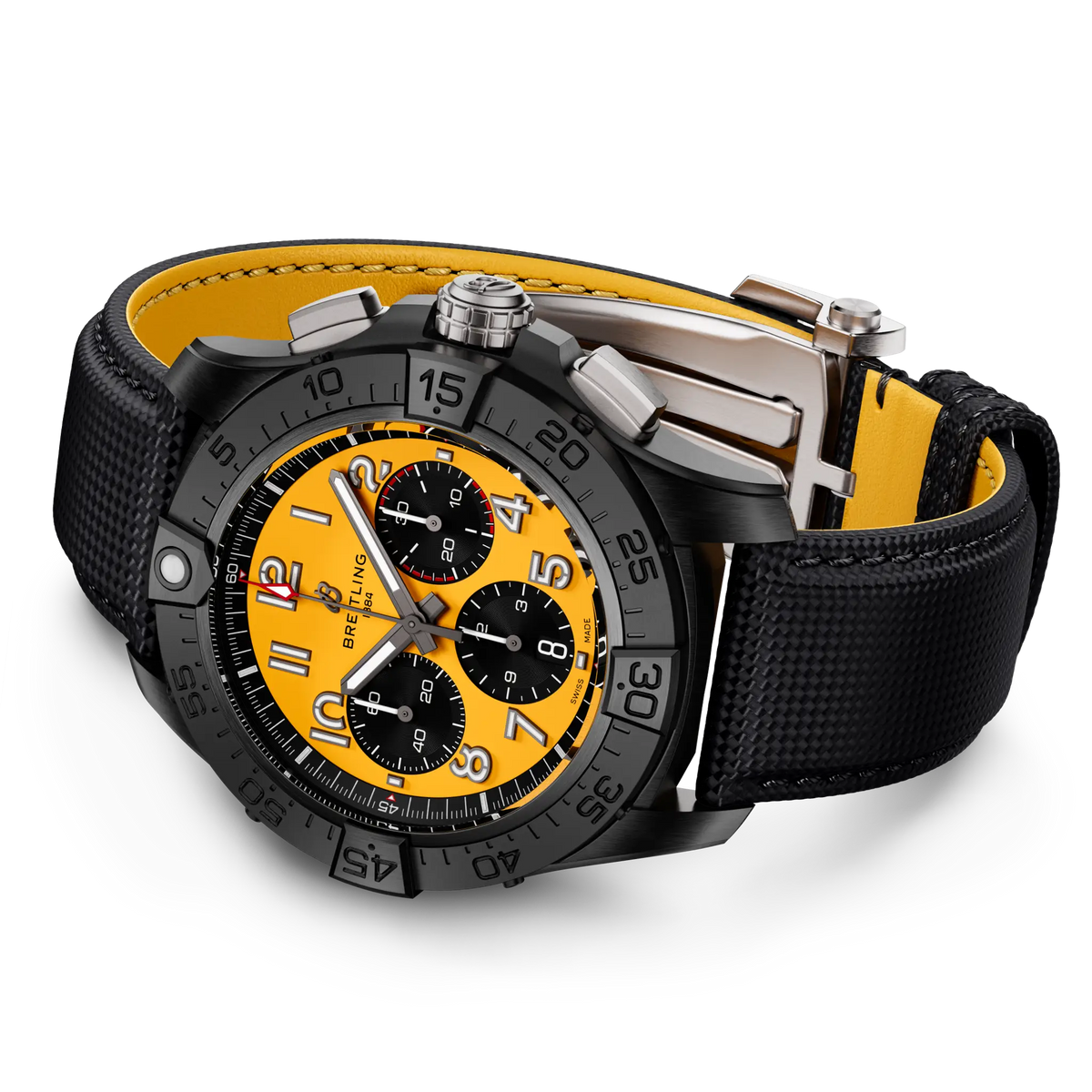Orologio Breitling con cassa nera, quadrante giallo e cinturino in pelle giallo e nero