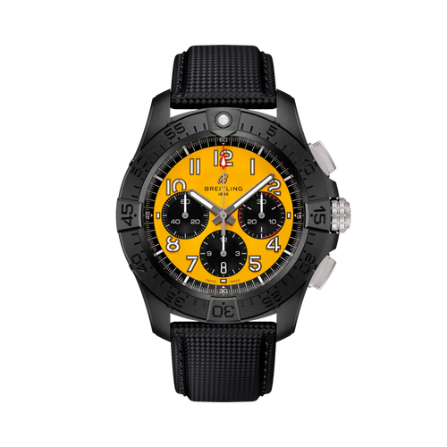 Orologio Breitling con cassa nera e quadrante giallo, cinturino in pelle nera