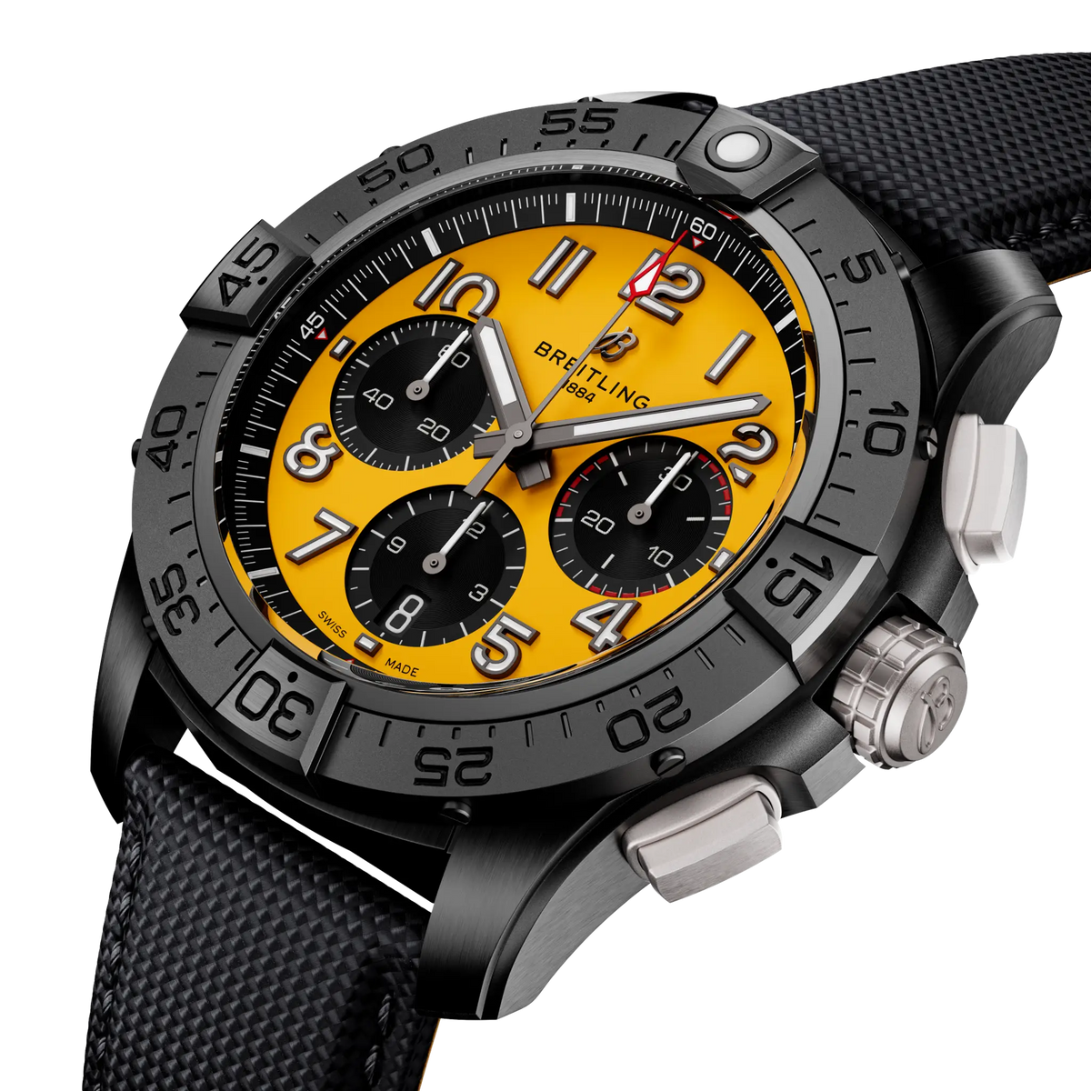 Orologio Breitling con quadrante giallo e cronografi neri, cassa nera e cinturino in pelle