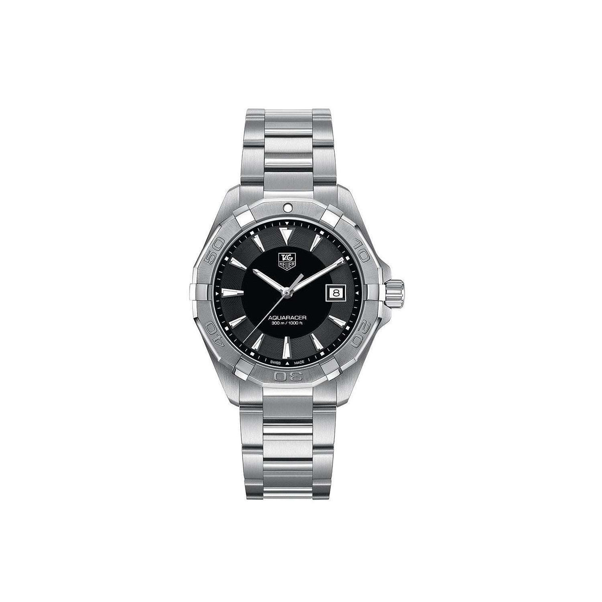 Orologio TAG Heuer Aquaracer 300M con quadrante nero, lunetta oro giallo, bracciale acciaio