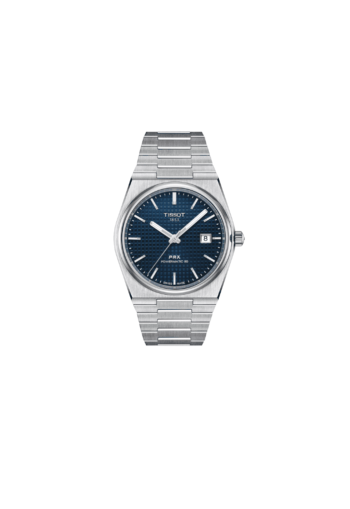 Orologio automatico Tissot PRX 40 mm, quadrante blu, bracciale acciaio, cinturino maglia