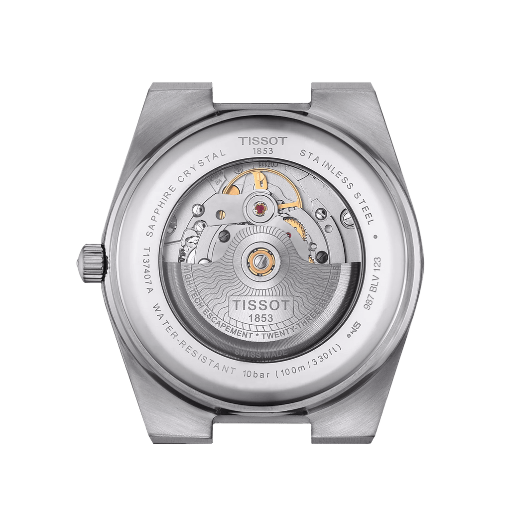 Orologio automatico Tissot PRX con fondello trasparente e meccanismo visibile, acciaio