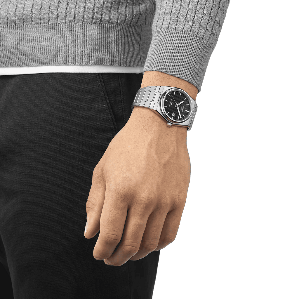 Orologio automatico Tissot PRX con quadrante nero e bracciale in acciaio, 40 mm