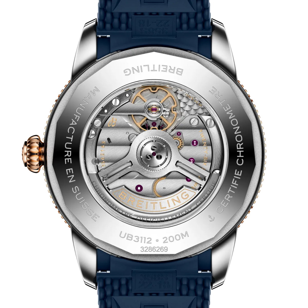 Fondello a vista dell’orologio Breitling con movimento, scritte e ghiera oro rosso