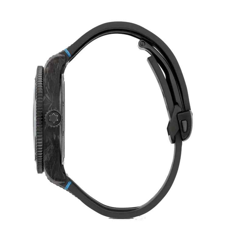 Orologio nero con cassa laterale e cinturino nero in tessuto, quadrante non visibile.