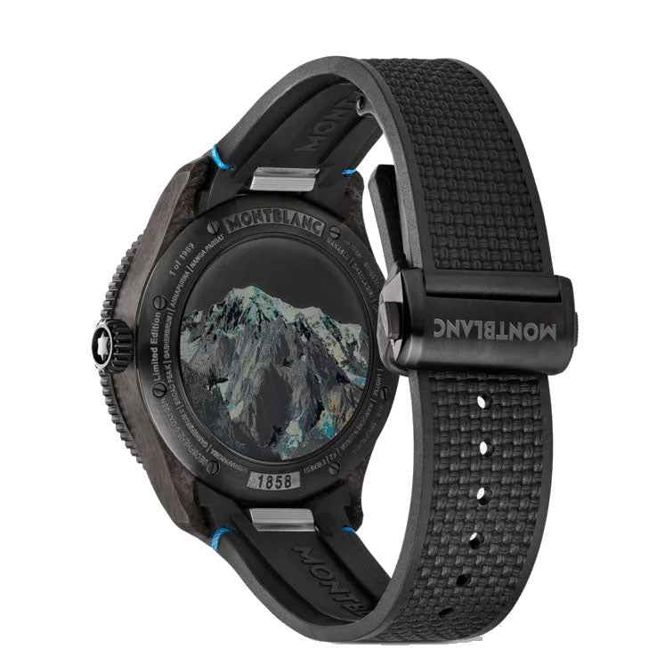 Orologio nero con fondello posteriore e cinturino nero in tessuto.