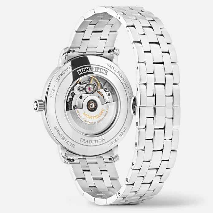Orologio Montblanc: fondello in acciaio con incisioni, bracciale a maglie in metallo.
