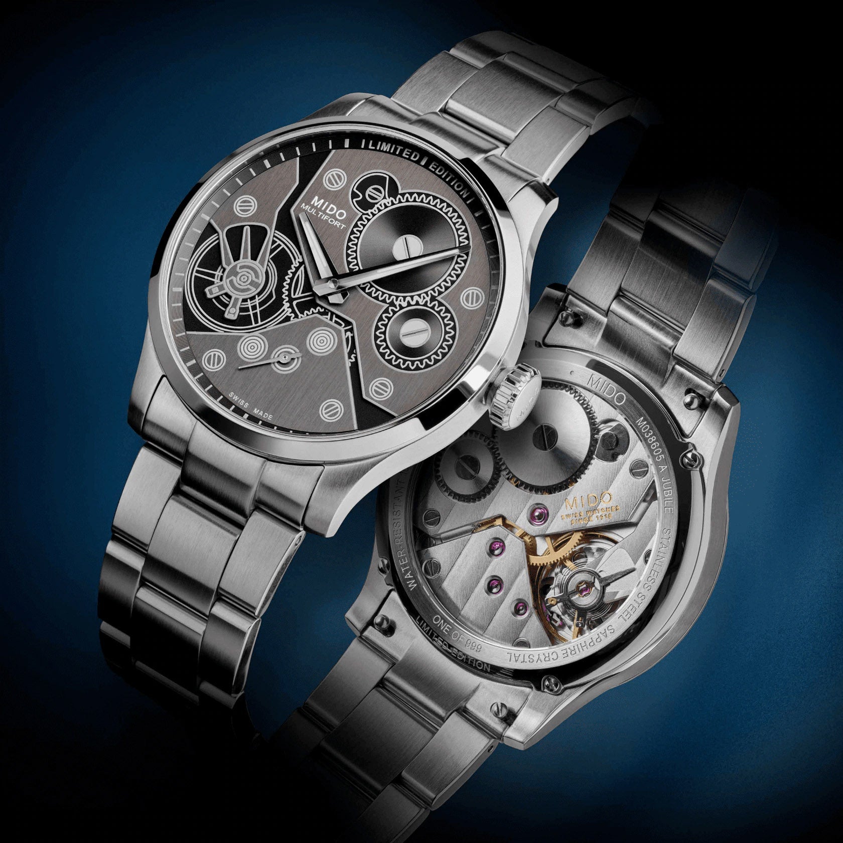 Orologio Mido Multifort con bracciale in acciaio e fondello a vista con ingranaggi