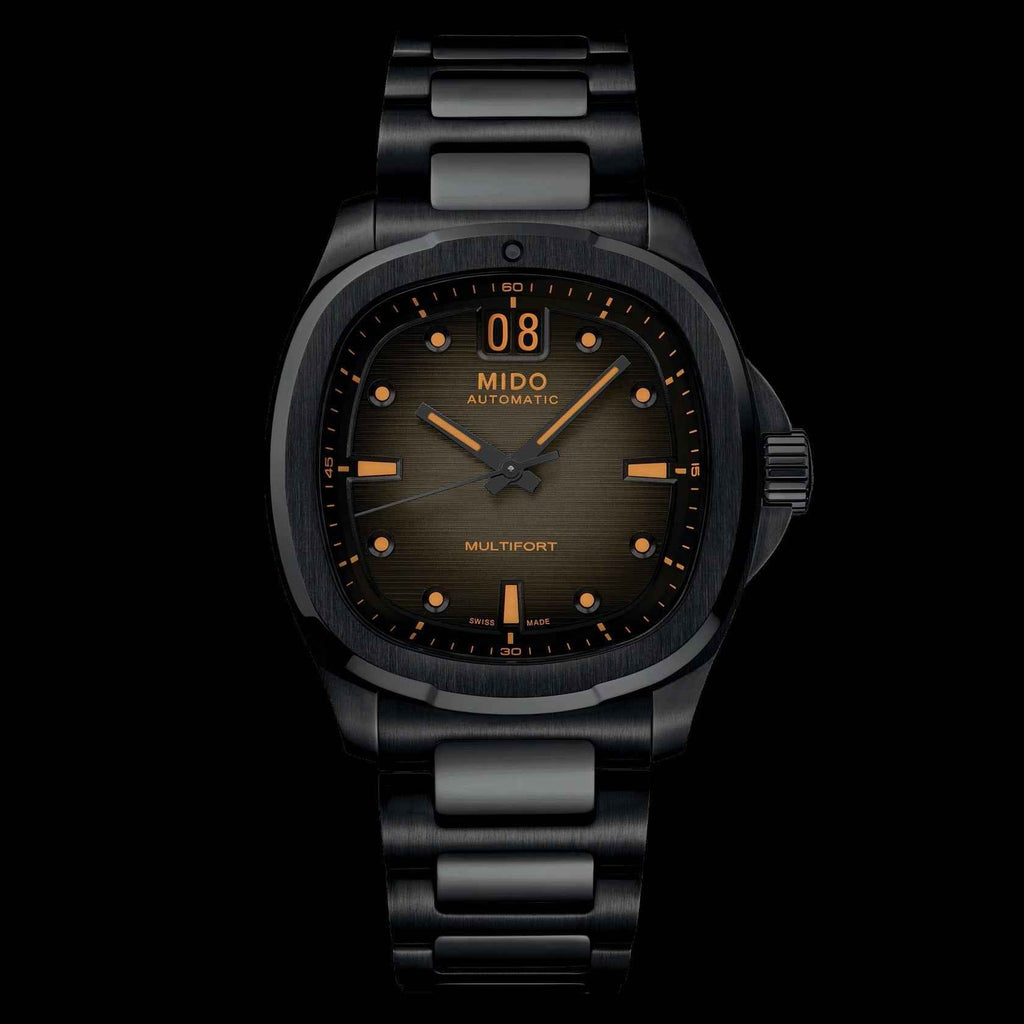 Orologio Mido Multifort Big Date 40mm nero PVD, quadrante grigio con indici arancioni