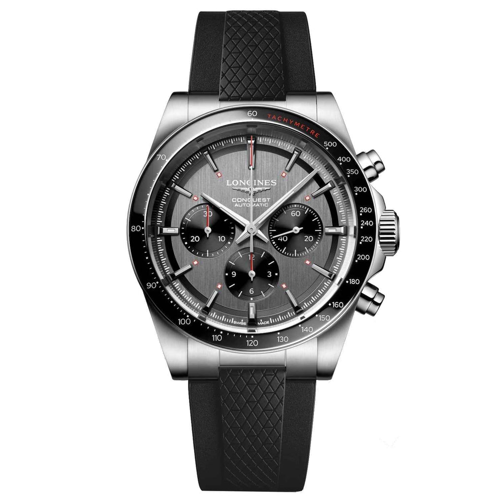 Orologio da polso Longines, cassa in acciaio e cinturino in gomma nera, quadrante grigio