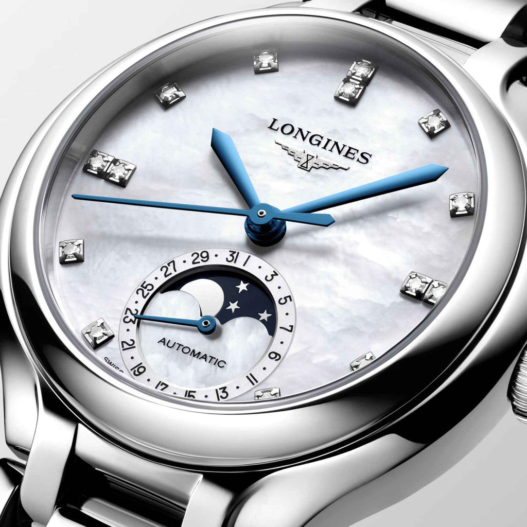 Orologio automatico Longines Primaluna, quadrante madreperla con fasi lunari e indici