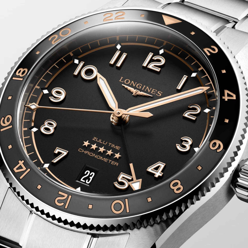 Orologio Longines con quadrante nero e lancette dorate, ghiera numerata, 39mm