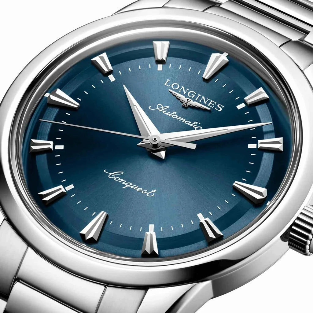 Orologio Longines con quadrante blu automatico, lancette e indici a bastoncino