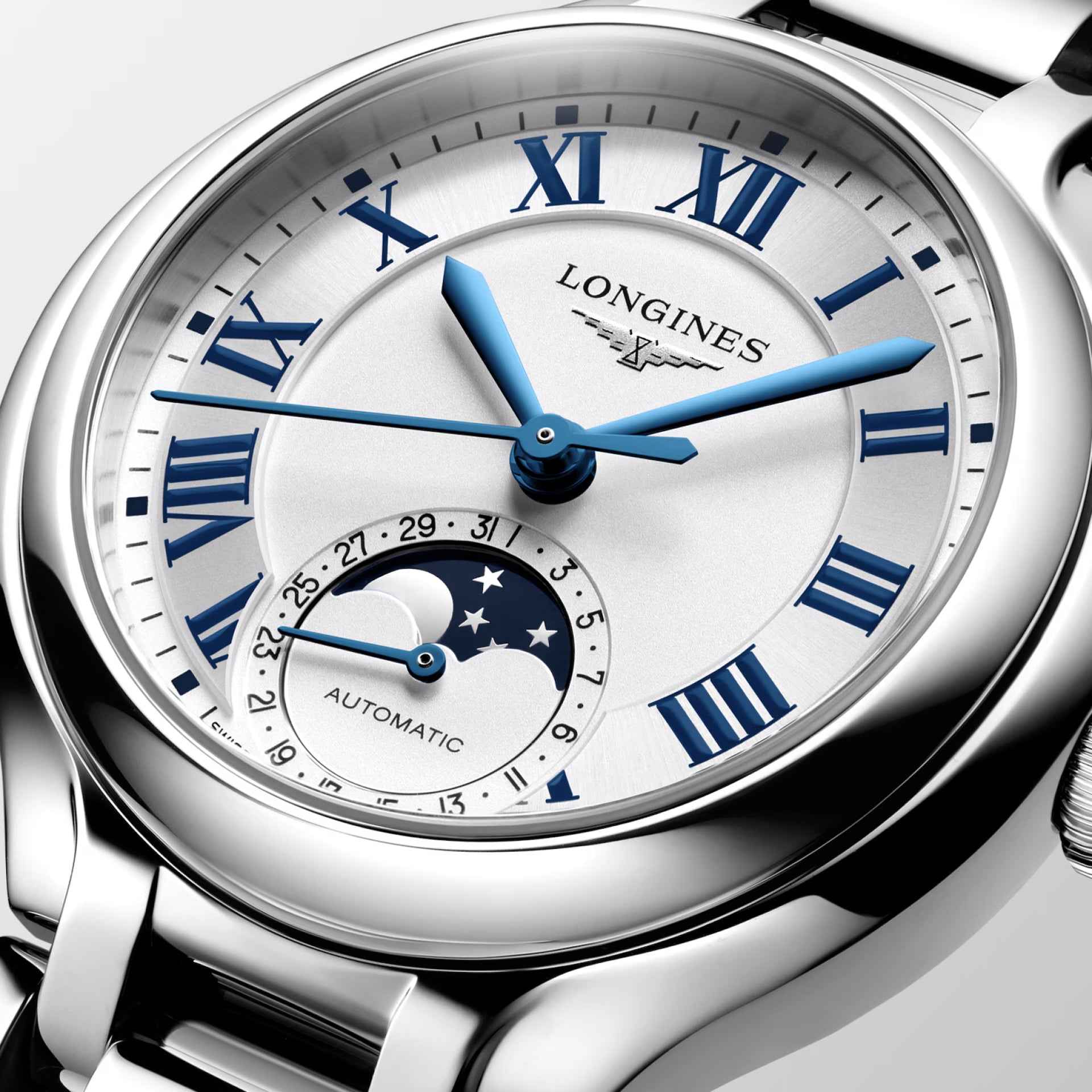 Longines orologio con quadrante bianco, indici romani blu e lancette azzurre