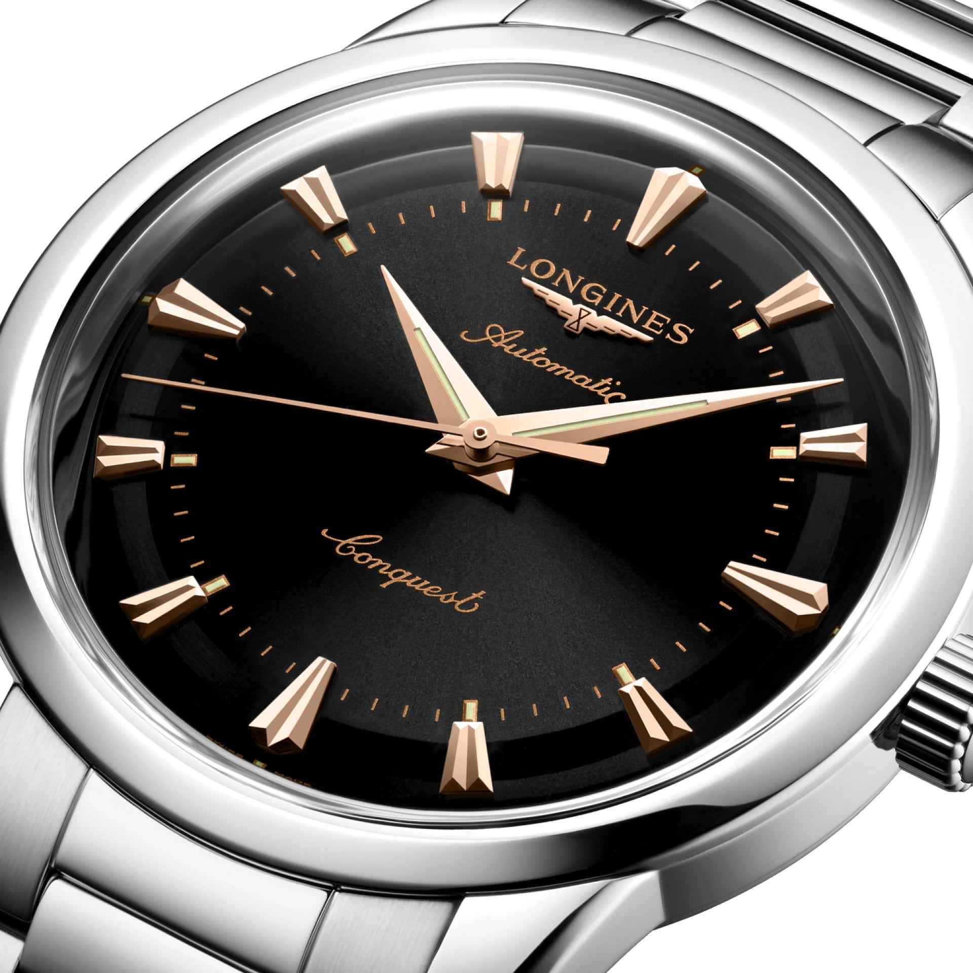 Orologio automatico con quadrante nero, indici e lancette color oro, cassa in acciaio