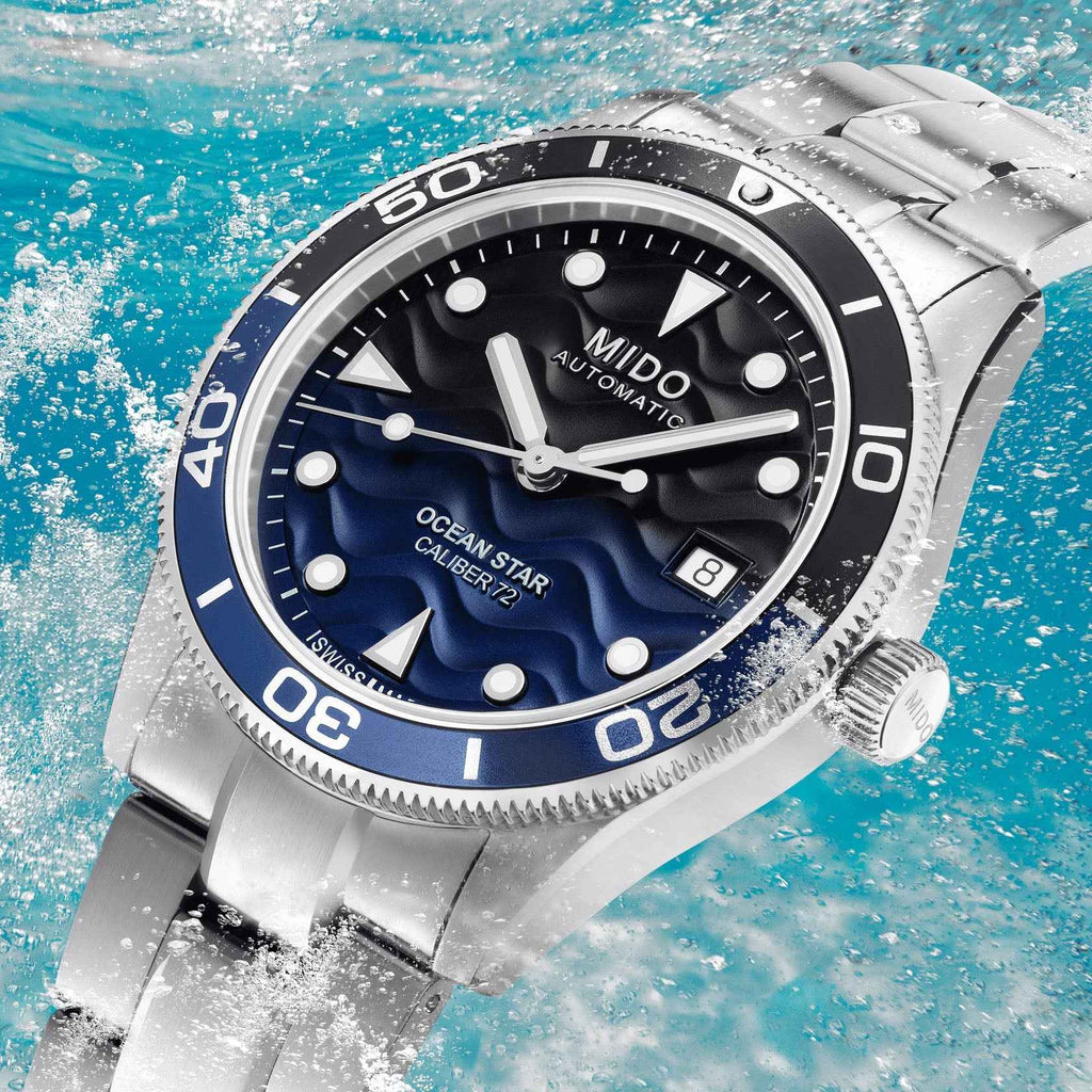 Orologio automatico MIDO Ocean Star in acciaio, ghiera blu con datario 8 e corona