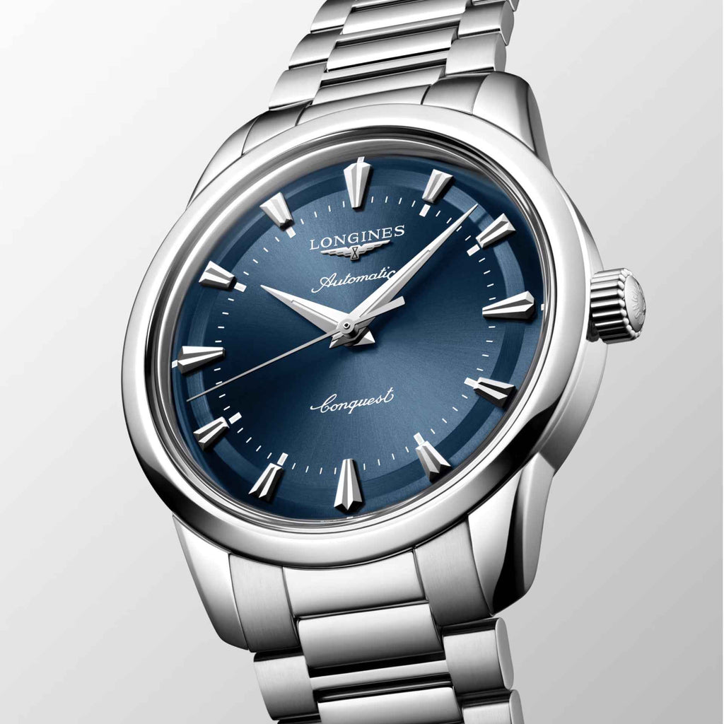 Orologio Longines Heritage 40 mm automatico, quadrante blu con indici e lancette.
