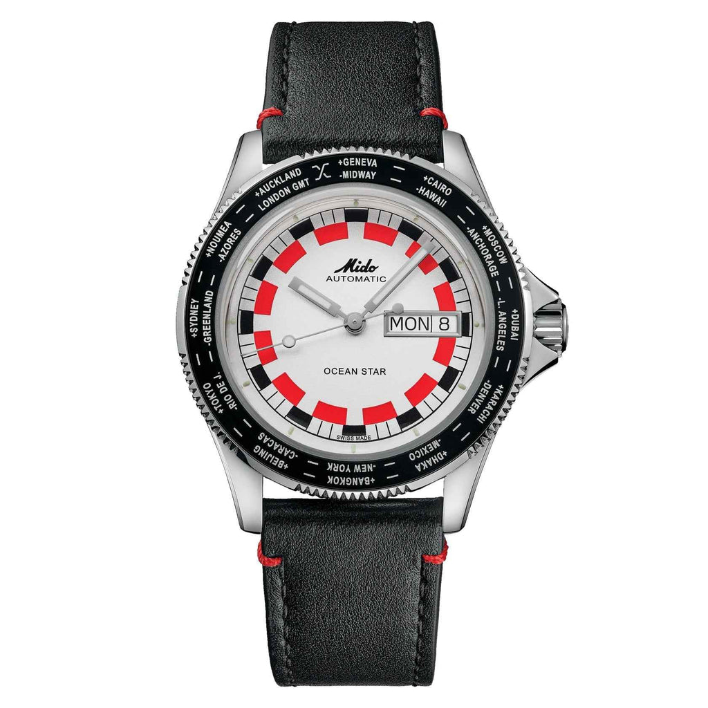 Orologio automatico Mido con cassa argento, cinturino pelle nera e quadrante nero rosso