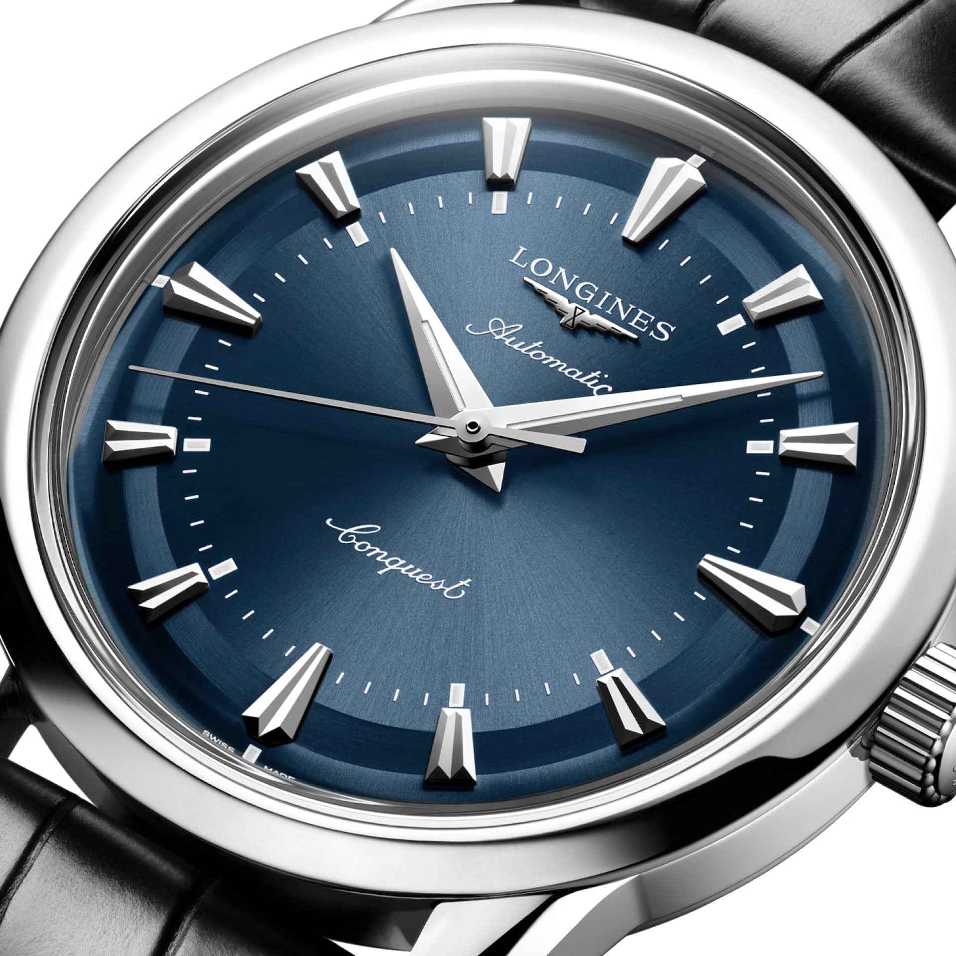 Orologio Longines con quadrante blu scuro e lancette argentate, cassa in acciaio