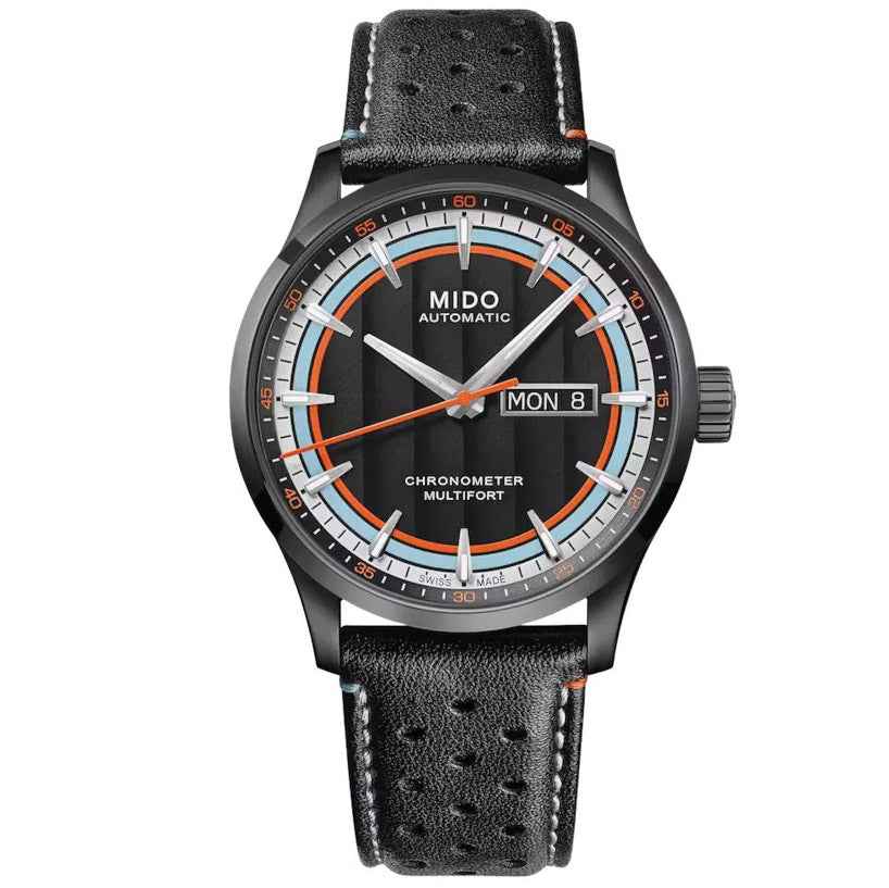 Orologio automatico con quadrante nero e cinturino in pelle nera effetto trapuntato