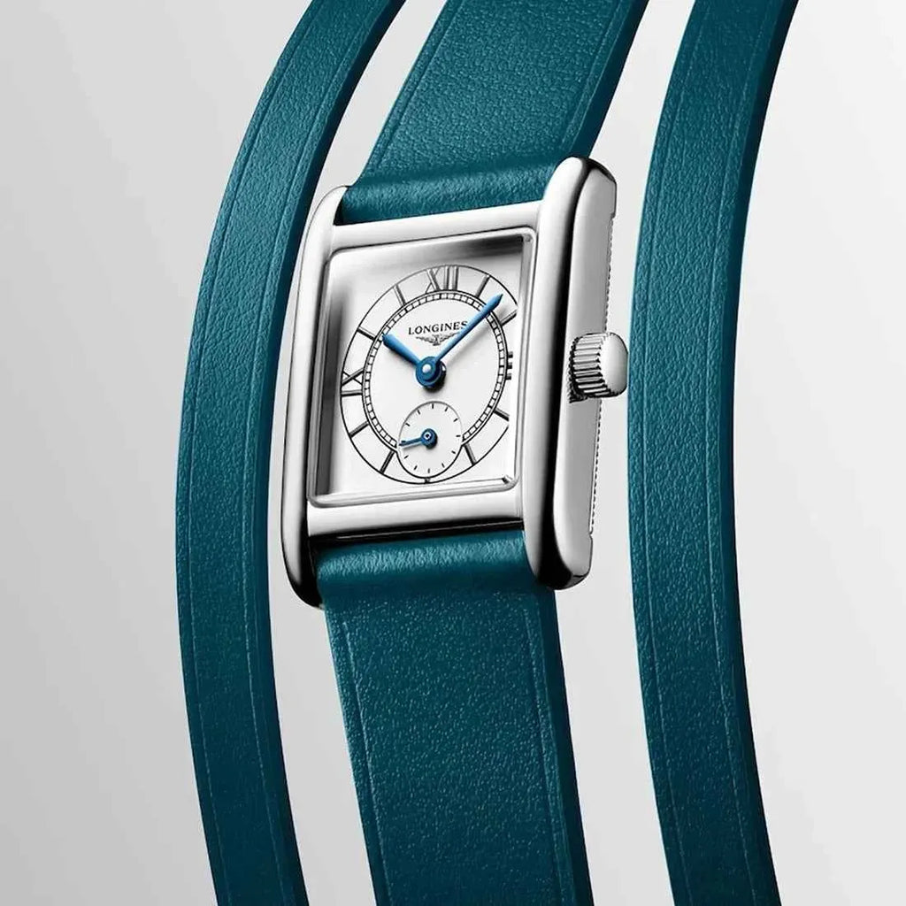Orologio Longines Mini Dolcevita rettangolare argento con cinturino in pelle blu