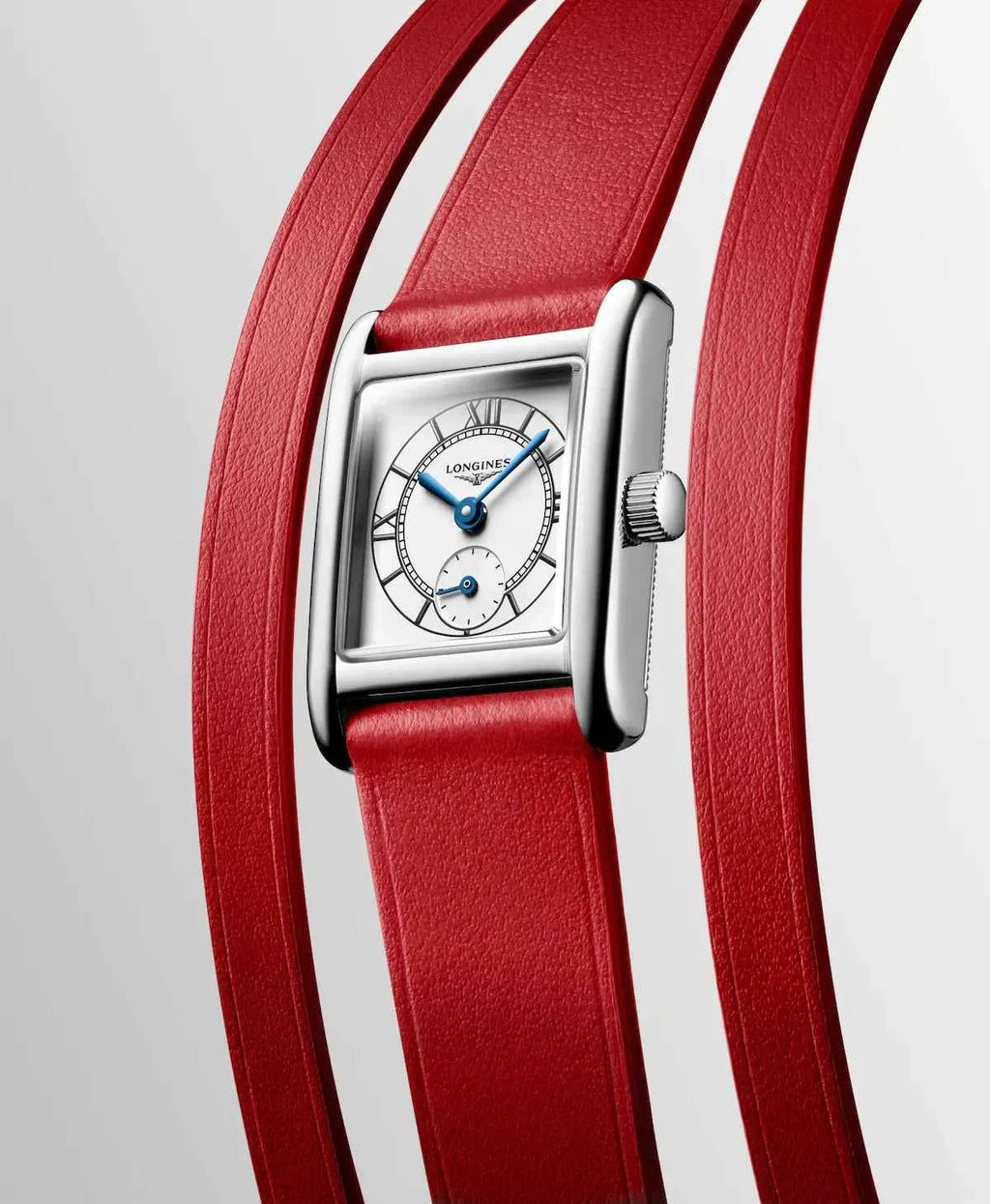 Orologio Longines Dolcevita con cassa argento e cinturino in pelle rossa