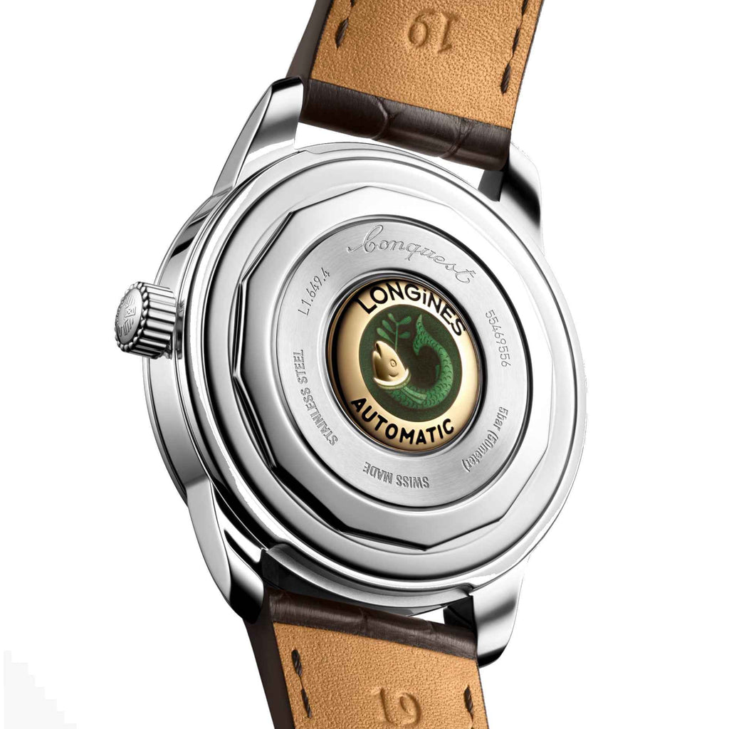 Fondello Orologio Longines automatico con incisione e serpente dorato, cinturino pelle marrone