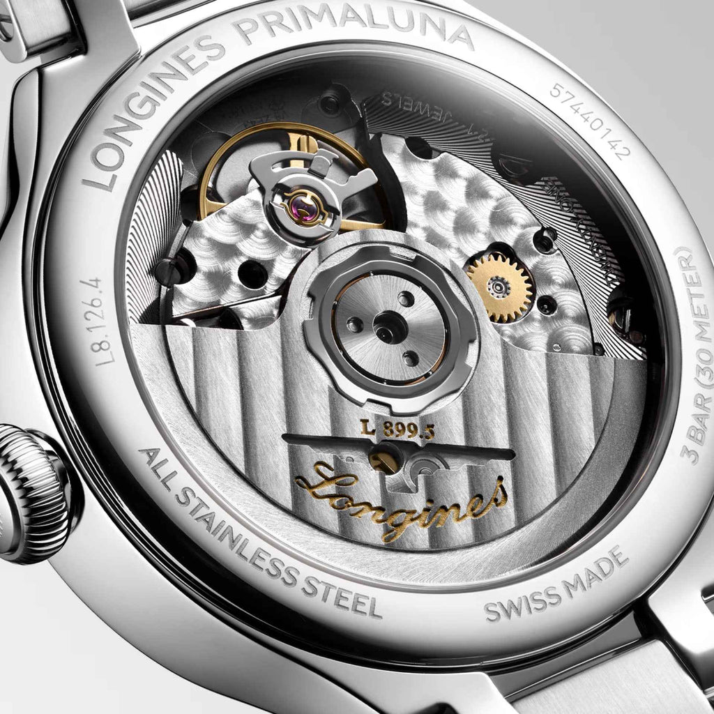 Fondello Longines Primaluna con movimento automatico visibile, acciaio