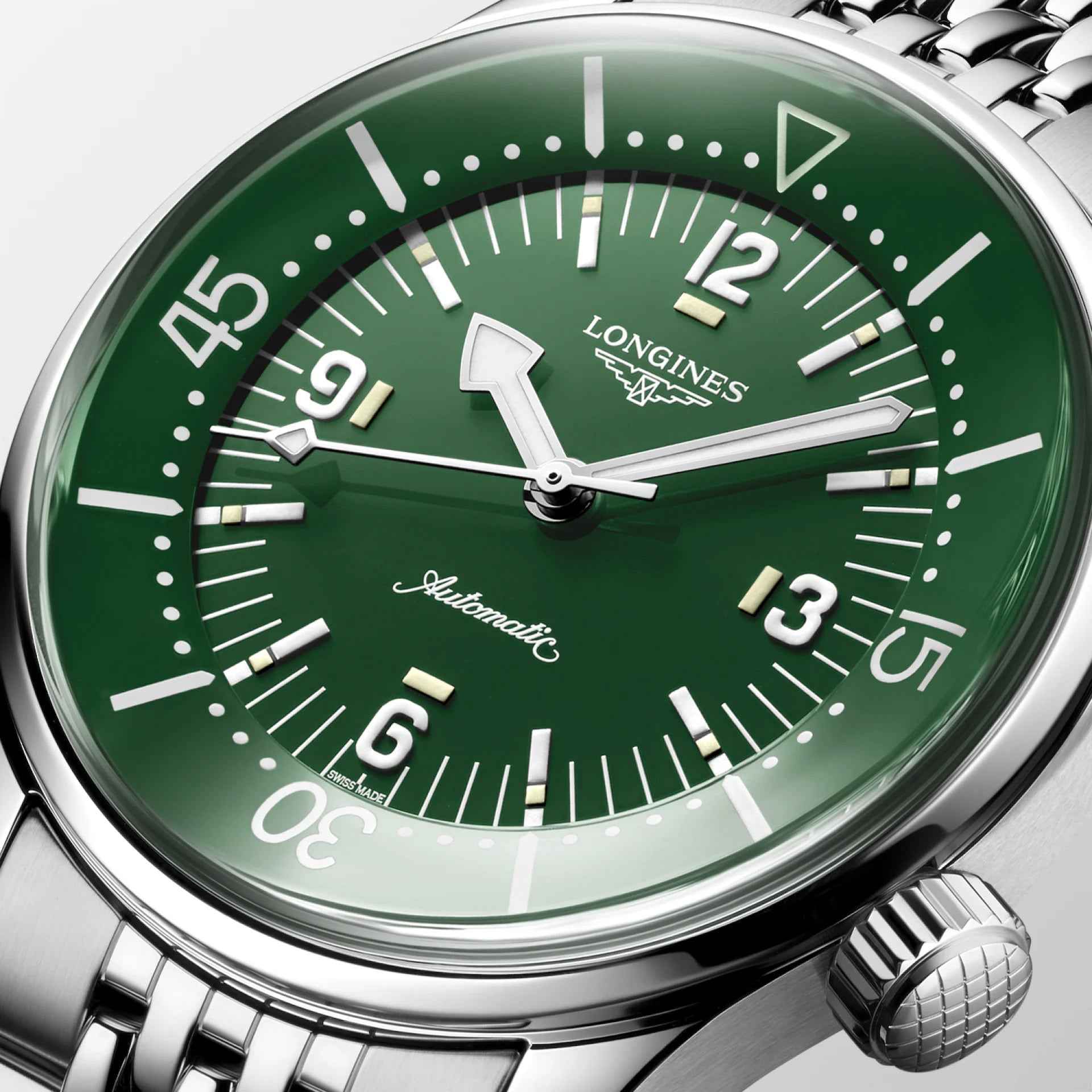 Orologio Longines con quadrante verde, numeri 12/13 e lancette con indici