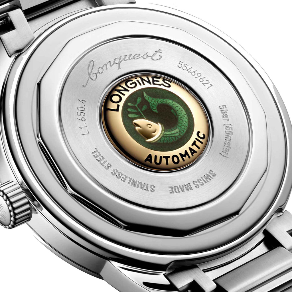 Fondello dell’orologio automatico in acciaio con serpente verde e scritta AUTOMATIC