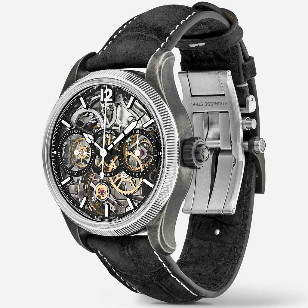 Orologio da polso con cassa in acciaio e cinturino nero in alligatore, vista laterale